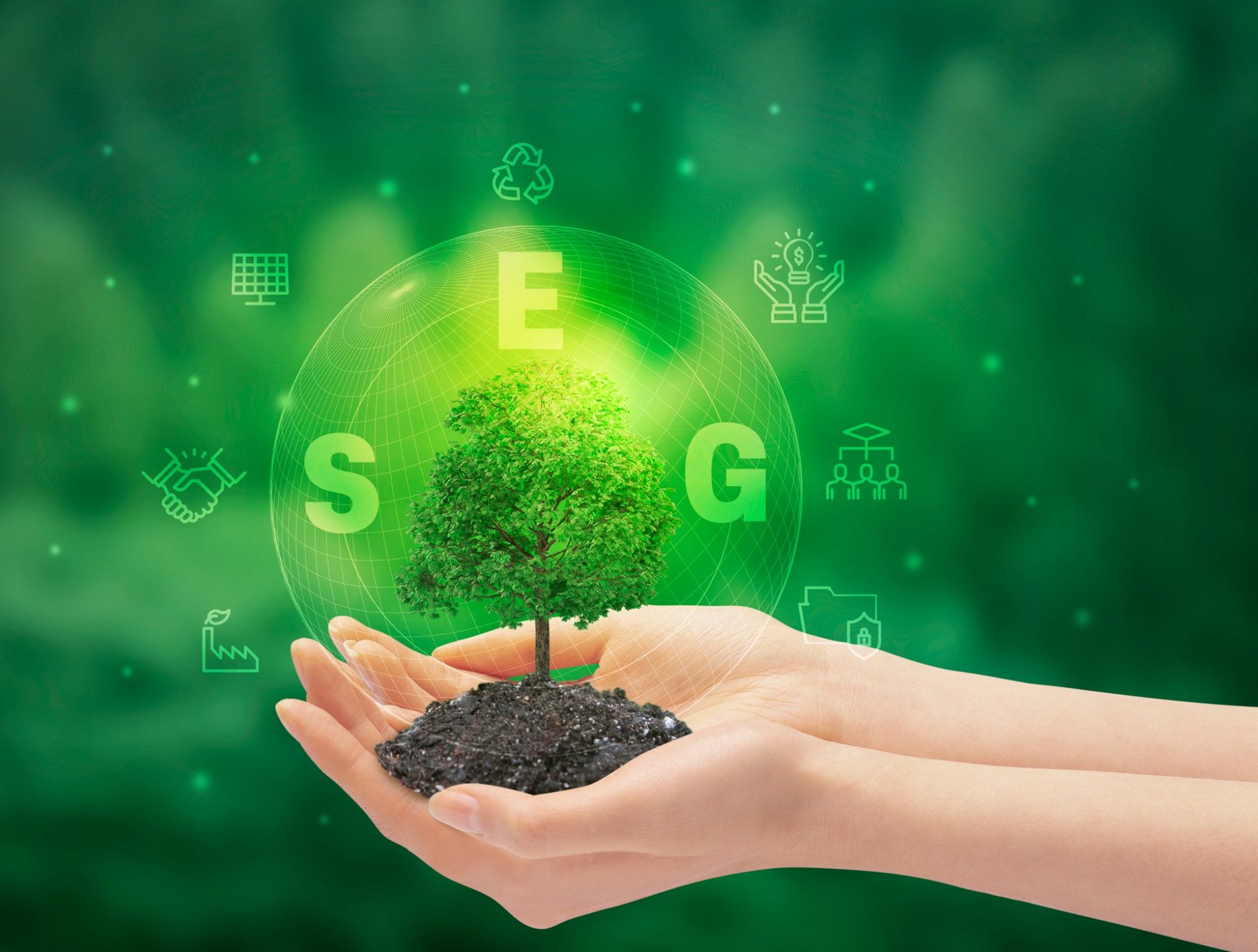두 손 위에서 자라는 나무와 E·S·G 아이콘 - 코씨드바이오팜 ESG 경영